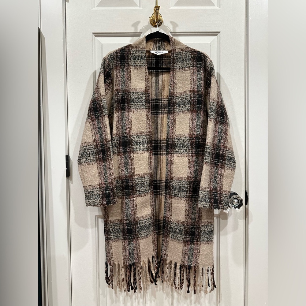 Anthropologie BB Dakota Checkered Open Coat with Fringe